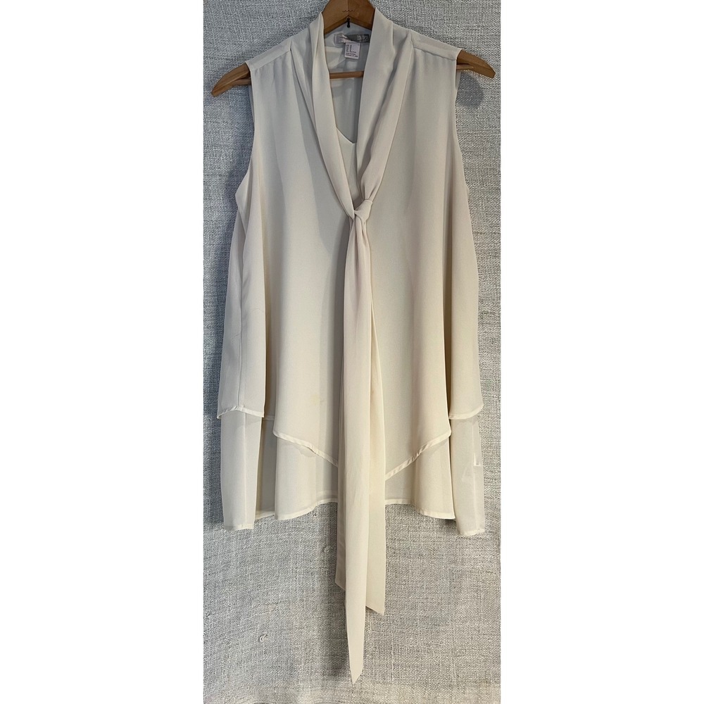 Sleeveless Tie Neck Layered Chiffon Blouse Cream Ivory Medium